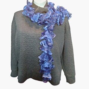 Handmade Ruffled Scarf Blue Lightweight Lacey Crochet
